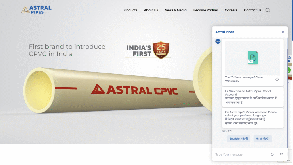 Webiste chatbot - Astral Pipes