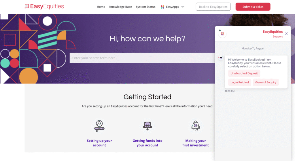 Website chatbot - Easy Equities 
