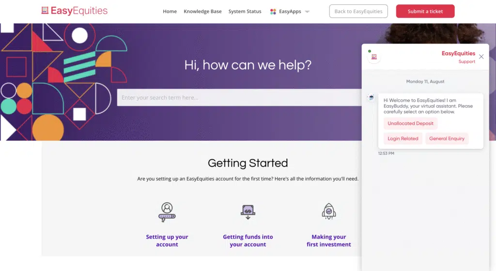 Website chatbot - Easy Equities 